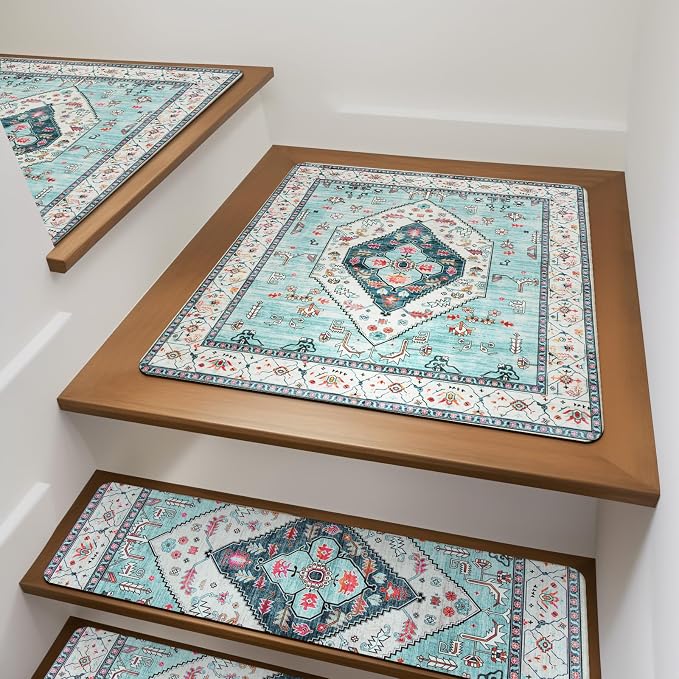 Non-Slip Stair Treads Matching Mat for Wooden Steps 31"x31" Landing Rug | Square Rubber Backing Anti-Slip Stair Carpet Landing Mat Stair Rugs Carpet for Stairs, Light Blue