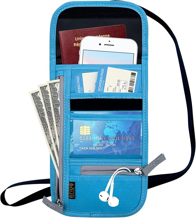 Travel Neck Wallet, RFID Blocking Passport Holder with Adjustable Neck Strap for Men and Women to Keep Cash, Credit Cards and Travel Documents Safe - Blue