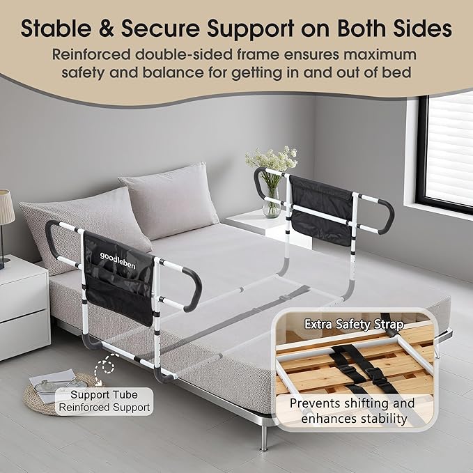 Double Bed Rail for Elderly Adults Safety, Adjustable Bed Assist Rail, Dual Side Bed Rail for Seniors Safety, Under Mattress Bed Guard Rail for Fall Prevention, Fits Twin/Full/Queen Beds