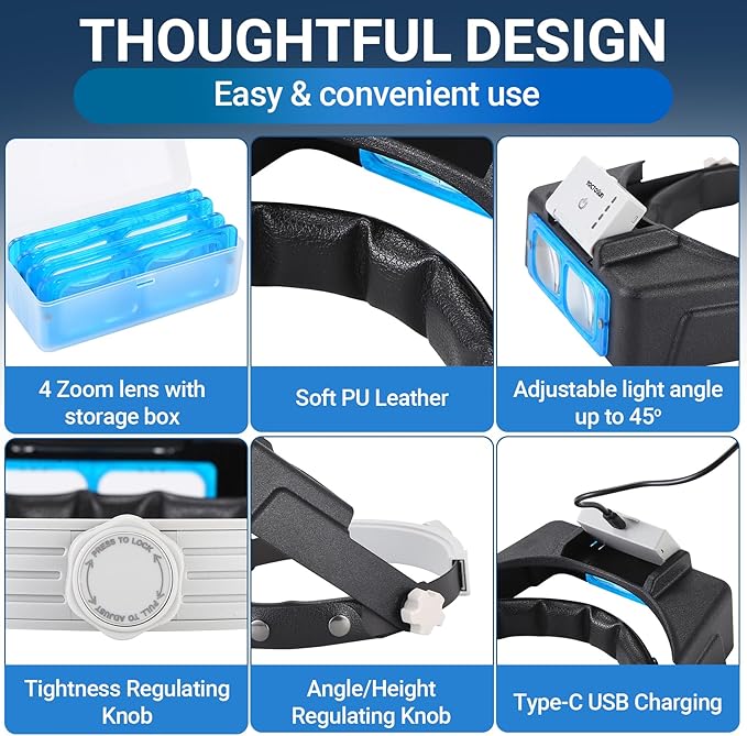 YOCTOSUN Headband Magnifier with 4 Lenses, 4 LED Lights and Storage Case, Magnifying Glasses with Light for Close Work, Hands Free Head Magnifying Visor for Hobby, Jewelers, Crafts