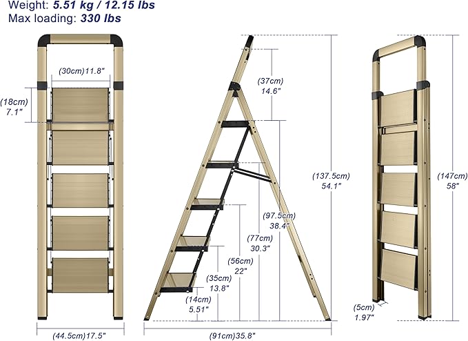 Step Ladders Folding 5-Step Champagne Gold Finish Aluminum Foldable Step Stool,Anti-Slip Portable Sturdy for Home & Kitchen Office 330 lbs