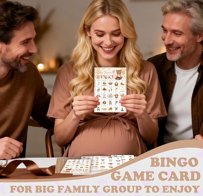 Baby Shower Bingo Game Cards Set for Guests Adults, Brown Bear Woodland Baby Shower Party Bingo Game Gender Reveal Bingo Game for Family Friends Large Group Activity, Favors Supplies Decorations