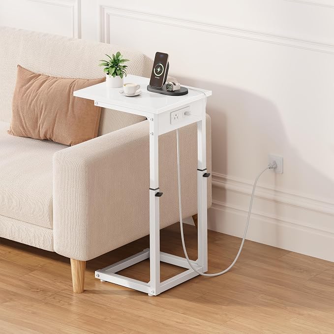 C Shaped End Table with Charging Station, C Table End Table Adjustable Height Sofa Table, Side Table for Couch, Couch Table that Slide Under, TV Tray Arm Table for Living Room,Bedroom, White