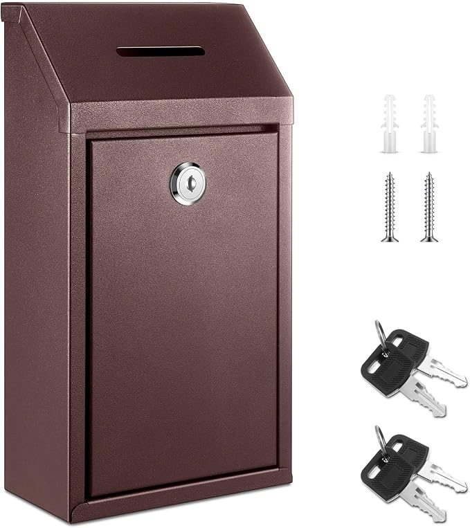 Yaocom Metal Money Box,Brown,10.24 x 5.71 x 2.95 Inch,No Lid | Wall Mounted Drop Donation Cash Box for Farm Stand Collection Safe Suggestion Box with Lock Container for Home Office Outdoor