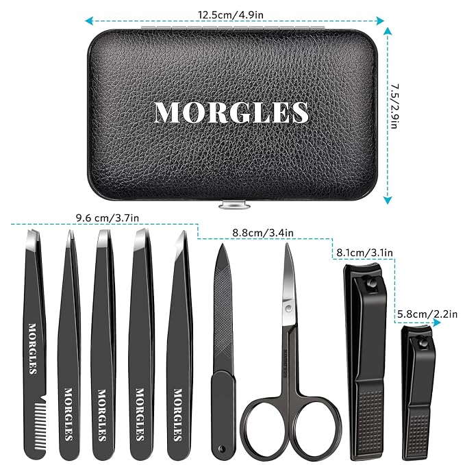 MORGLES Tweezers Set for Men 9 Pcs Nail Clipper Kit with Case for Grooming | 5 Tweezers, Clippers, Scissors, Rust-Proof Steel, Travel Press-On Case, for Splinters, Brows, Hair Removal