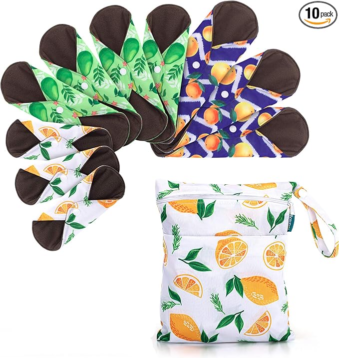 Teamoy Reusable Menstrual Pads, Cloth Sanitary Pad, Panty Liners, Lemon | Washable Pads with Charcoal Absorbency Layers, Soft and Comfortable, 10 Pcs Pad with 1 Wet Bag, 3pcs×7.9"+4pcs×10"+3pcs×11.6"