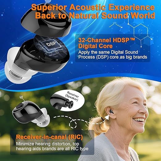 Premium 32-Channel Digital OTC Hearing Aids for Seniors & Adults - Invisible In-Ear Sound Amplifier with Rechargeable Charging Case,Noise Cancelling,Auto On/Off