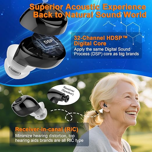 Ultra 32-Channel Digital OTC Hearing Aids for Seniors & Adults | AI noise cancel, 100+hrs battery, Superior sound, Invisible in-ear amp, Rechargeable, Auto on/off – for mild to moderate loss
