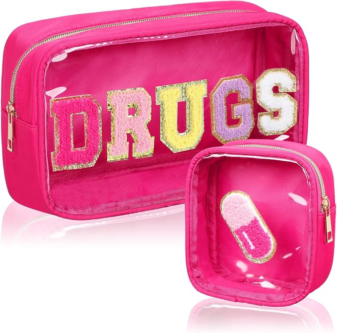 Hillban 2 Pcs Medicine Bag Chenille Letter Patch Meds Bags Travel Cases Preppy Clear Nylon Portable Makeup Bags Zipper Cosmetic Toiletry Storage for Women PVC Transparent Mini First Aid Bag(Stylish)