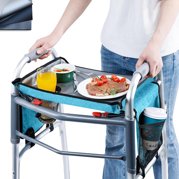 BAGSFY Walker Tray with Cup Holder & Side Pocket – Hard Top Walker Table for Seniors – Folding Walker Accessory for Meals, Reading, Drinks – Non-Slip Surface, Tool-Free Install, Universal Fit