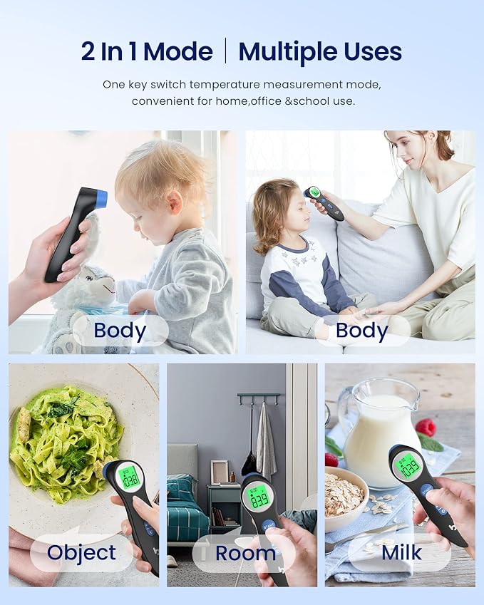 Forehead Thermometer for Adults and Kids, Digital Baby Thermometer | 1s Fast Accurate Reading, 3 Color Fever Alarm, Forehead & Object Mode, Non Contact, Battery Included