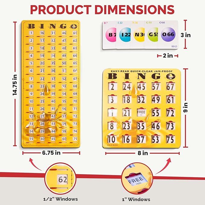 MR CHIPS Jam-Proof Bingo Cards with Sliding Windows, 50 Reusable Shutter Cards, 75 Calling Cards 1 Master Board in Gold Rush Style
