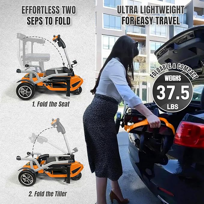 R3b-Mobility Scooters for Seniors Adults Ultra Lightweight 37.5 Ibs Electric Powered Folding 4 Wheel Mobility Scooter with Cup Holder, Compact Convenient for Travel Airline Approved, Orange