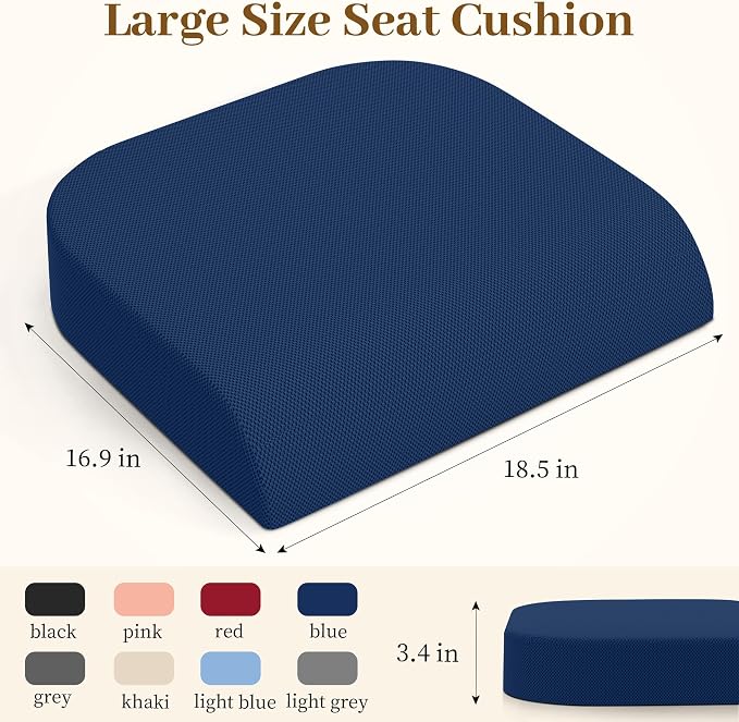 TranquilRelax XL Memory Foam Seat Cushion for Office Chair, 3.35-Inch, Blue | Medium-firm Support for Long Sitting, Washable Mesh Cover, Non-slip Base, Perfect for Car Seats & Short Drivers