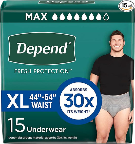 Depend Fresh Protection Adult Diapers, Incontinence Underwear for Men, Disposable, Maximum, Extra-Large, Grey, 15 Count, Packaging May Vary