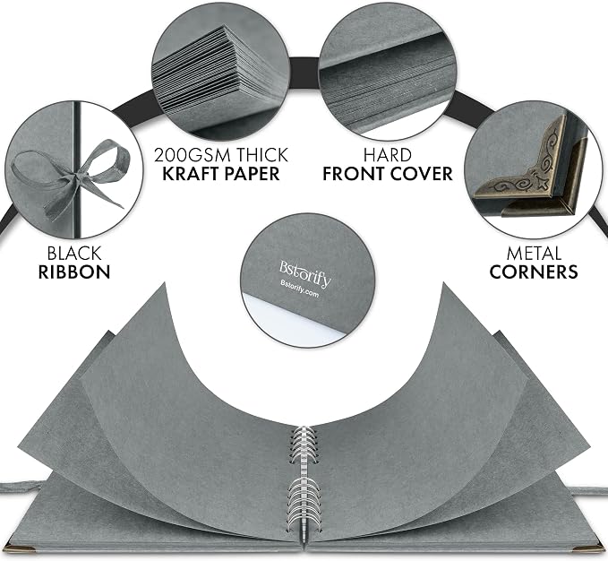Bstorify Square Scrapbook Photo Albums 60 Pages (21 x 21 Cm) Grey Thick Paper, Hardcover, Metal Corners, Ribbon Closure - Ideal for Your Scrapbooking Albums, Art & Craft Projects (Grey, 21 x 21 Cm)