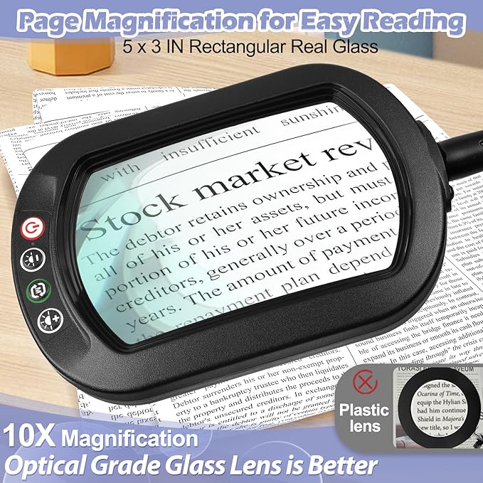Drdefi 10X Rectangular Real Glass Magnifying Glass with Light and Stand, 24" Flexible Gooseneck Floor Lamp, 5 Color Modes Stepless Dimmable, 3-in-1 LED Lighted Magnifier Light Hands Free for Reading