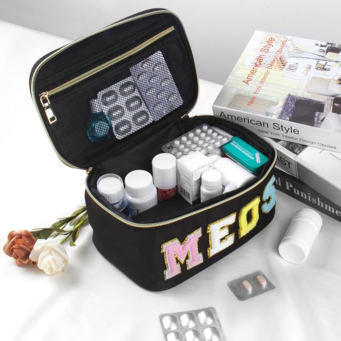 BuyCard Medicines Chenille Letter Bag Nylon Meds Makeup Pouch Preppy Path with Zipper and Handle Cosmetic Toiletry Storage Purse for Women Black