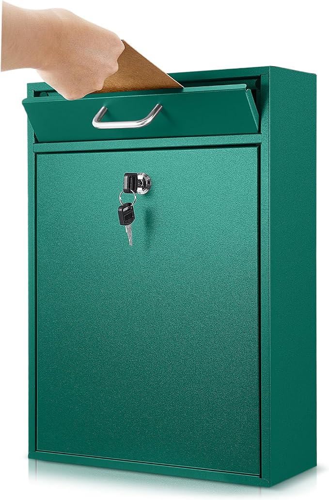 Yaocom Locking Mailbox with Key for Outdoor 16.2 x 11.2 x 4.7 Inches Large Wall Mount Mail Box with Lock Security Mail Drop Metal Collection Boxes Hanging Secure Postbox(Green)