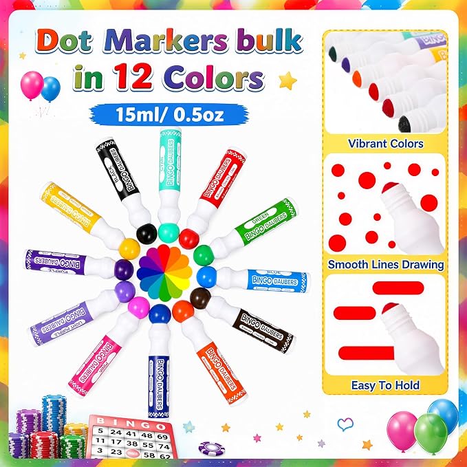 Crtiin 36 Pack Mixed Colors Set of Bingo Daubers Bingo Dabbers Dot Markers Bulk Paint Dotters Craft Ideal for Art and Crafts Painting Supplies Drawing Coloring Class Pre School Adult Gift (12 Colors)
