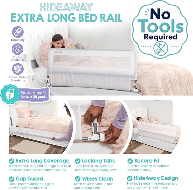 Regalo Safety 54” Extra Long Hideaway Bed Rail Guard for Toddlers, Toddler Bed Rail with Reinforced Anchor Safety System, 20” Tall Bed Safety Rail, Fits Twin, Full & Queen Beds