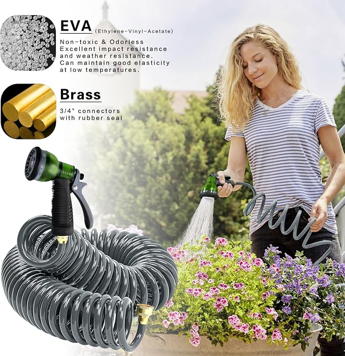Coil Hose 25FT EVA Coil Garden Hose With 3/4'' Brass Connector Coiled Water Hose Lightweight And No Kink Includes 7 Patterns Spray Nozzle For Outdoors Lawn Watering Car Washing