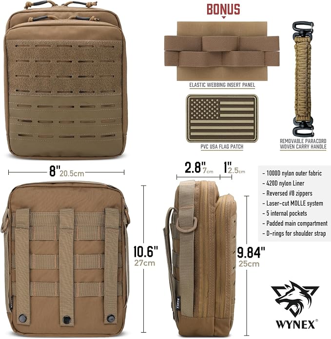 WYNEX Tactical Molle Admin Pouch, Molle Pouches of Double Layer Design | Utility EDC Pouch Organizer, Modular Tool Pouch, Medical EMT Attachment Bag,Large Capacity, Elastic Webbing Insert Panel