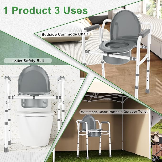3 in 1 Bedside Commode with Arms 350 lbs, Width 21.5'' Steel Toilet Commode Adjustable Height, Porta Potty for Adults Commode Chair with 6QT Bucket, Easy Cleaning, Tool-Free Assembly