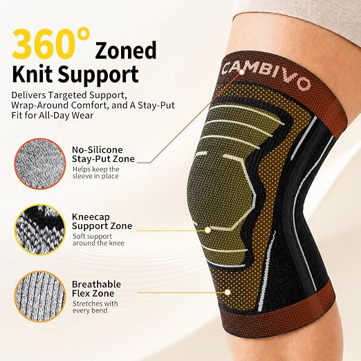CAMBIVO 2 Pack Knee Brace for Women & Men, Latex Free & Silicone Free Compression Knee Sleeves with Side Stabilizers, Lightweight Knee Support for Arthritis, Meniscus, Walking, Running (Dark Gray, X-Large)