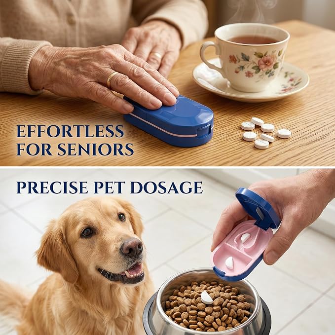 Pill Cutter, Precise 1/2 Pill Splitter for Small and Large Pills, Portable Medicine Divider with Storage Compartment, for Travel and Daily Use (Midnight Blue & Soft Pink)