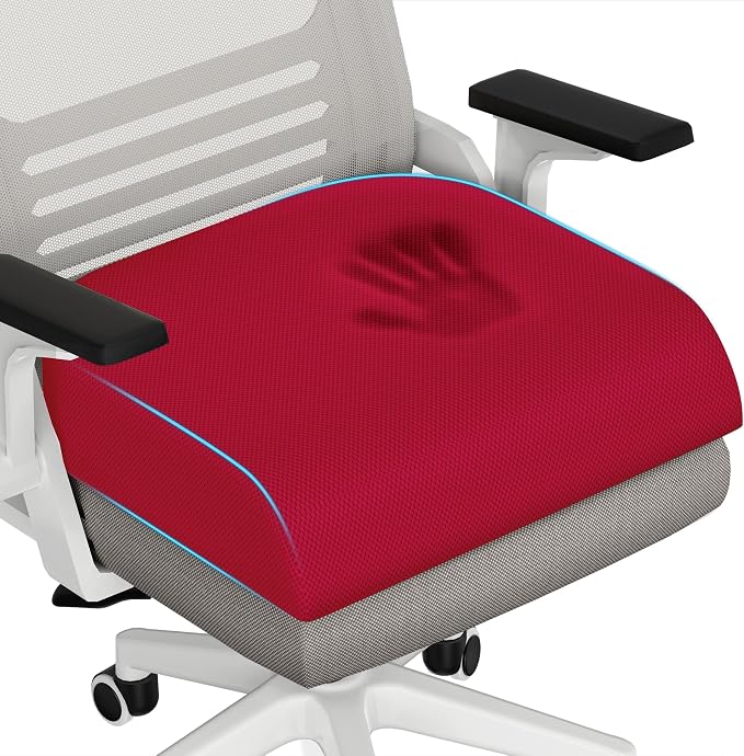 TranquilRelax 2XL Memory Foam Seat Cushion for Office Chair, 3.7-Inch, Red | Medium-firm Support for Long Sitting, Washable Mesh Cover, Non-slip Base, Perfect for Car Seats & Short Drivers