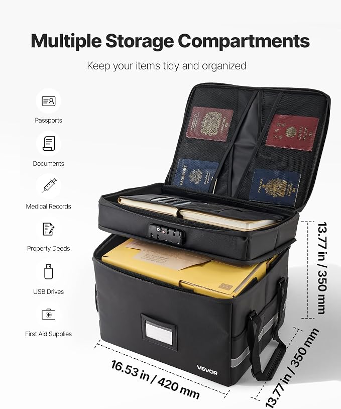 VEVOR Fireproof Document Box, 1832 ℉ Heat Insulated Fireproof & Waterproof Box with Lock, Portable Two-Layer File Storage Organizer Home Office Travel Use, for Passports, Important Documents, Files