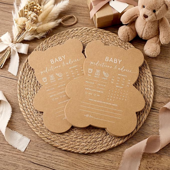 50 Pcs Bear Baby Shower Games Predictions and Advice Cards Game for New Parents Girl or Boy Funny Baby Shower Games Fun Gender Neutral Activity Kraft Paper Cards