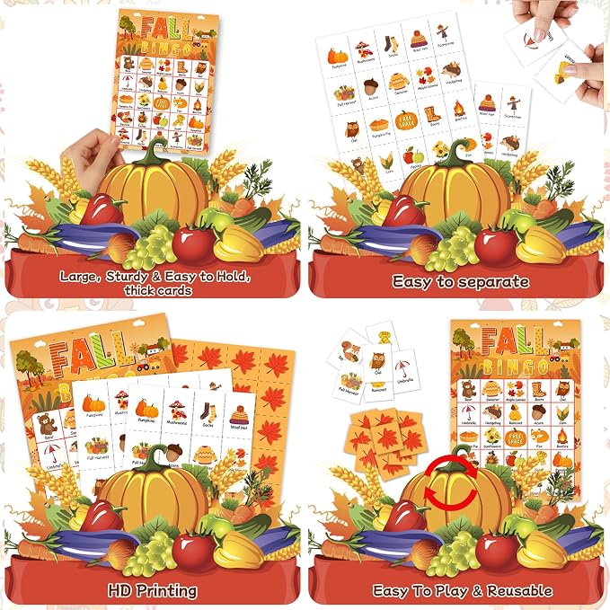 24 Players Fall Bingo Card Autumn Bingo Games for Kids Autumn Harvest Card Game Fall Crafts for Family Fall Craft Supplies Thanksgiving Bingo Cards for Classroom Activities Party Favors