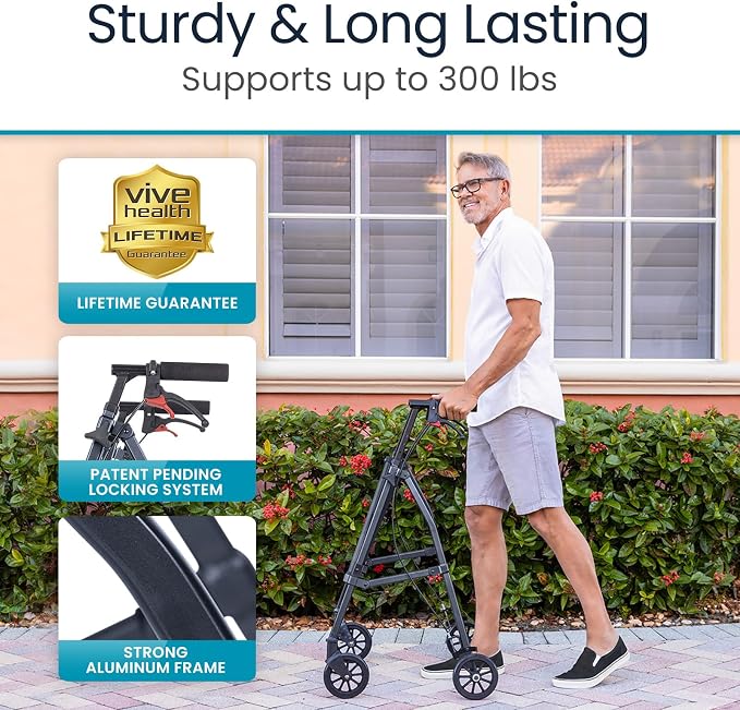 Vive Mobility Lightweight Walker for Seniors - Narrow, Folding Walker | W/Wheels for Small & Tight Spaces - Light Weight for Balance, Compact Doorways, Foldable - Portable & Collapsible for Travel