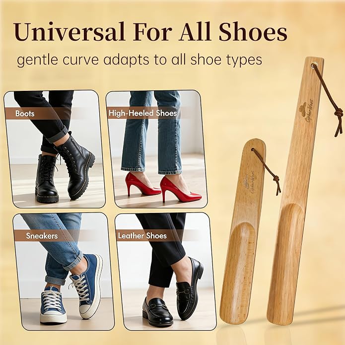 Wooden Shoe Horn Set, 15'' Long Handle for Seniors & Adults, 10.25'' Short Shoe Spoon for Kids, 2-Pack Boot Horn