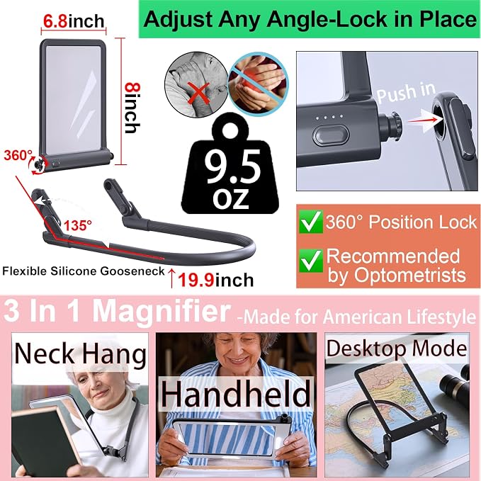 2-Pack Hands-Free Magnifying Glass with Light 40LED, Rechargeable | 3 Color Light, Detachable Gooseneck, Anti-Glare 4.6"×6.5" Lens for Reading, Crafts, Needlework, Stitch & Low Vision Seniors