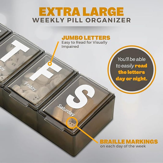 Weekly Pill Organizer - (Pack of 2) Extra Large Vitamin Container with Jumbo Easy to Read Letters, BPA Free - Daily Travel 7 Day Medication Pill Box Case, (Black)