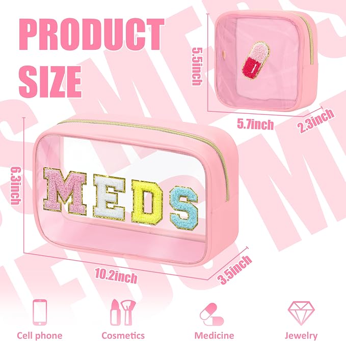 BuyCard 2 Pcs Medicine Chenille Letter Bag Preppy Clear Makeup Meds Pouch for Travel Nylon & PVC Transparent Cosmetic Bag Preppy Patch Toiletry Storage for Women Girls Pink