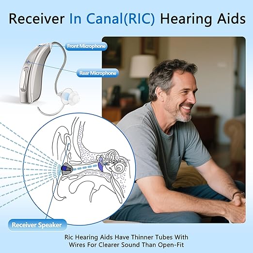 Rechargeable Bluetooth Hearing Aids for Seniors - APP Controlled, Noise Cancelling, Wireless Music Streaming, Hands-Free Phone Calls, OTC Hearing Devices (Gold Violet Clip)