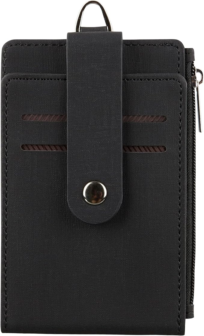 Women & Men Keychain Card Holder Case Zipper Slim Minimalist Front Pocket Wallet with 2 ID Window, Black