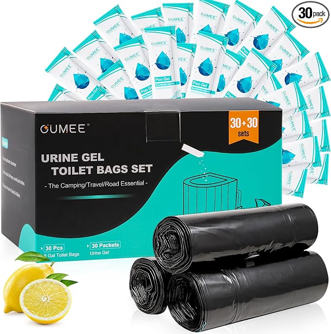 OUMEE Lemon 30 Portable Toilet Bags with 30 Poo Gel Set, 8 Gallon | Camping Toilet Bags with Absorbent Gels Waste Bags, Portable Trash Bag for Camping Potty Rvs Travel