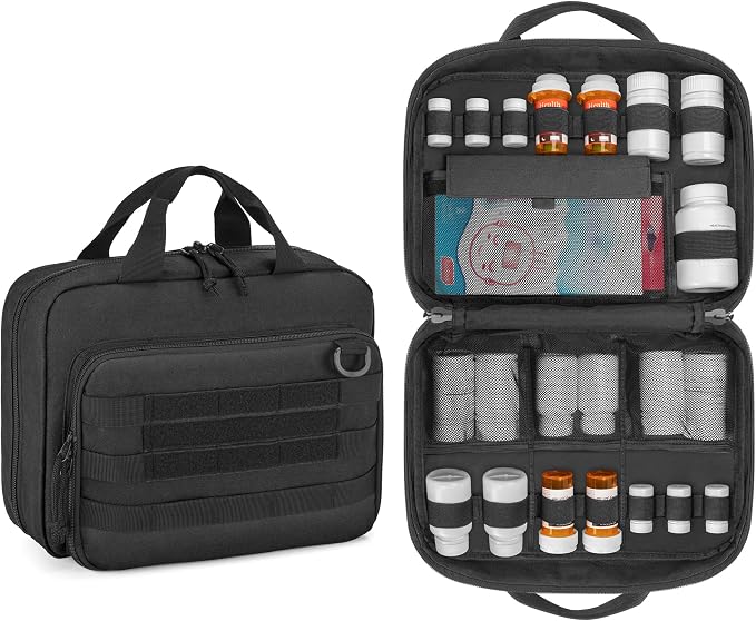 Damero Pill Bottle Organizer, Travel Medicine Bag, Black (Bag ONLY) | Medication Organizer Storage, with Mesh Pockets, Elastic Bands, Lockable Zipper, for Pills Bottles and Medical Supplements