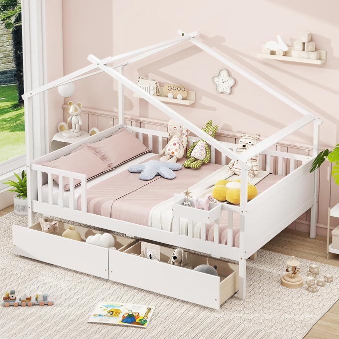 Giantex Full House Bed with Drawers, Wooden Full Size Bed Frame with Cube Storage & Fence Rails, Montessori Beds for Kids Boys Girls, Bedroom, Living Room, No Box Spring Needed, White