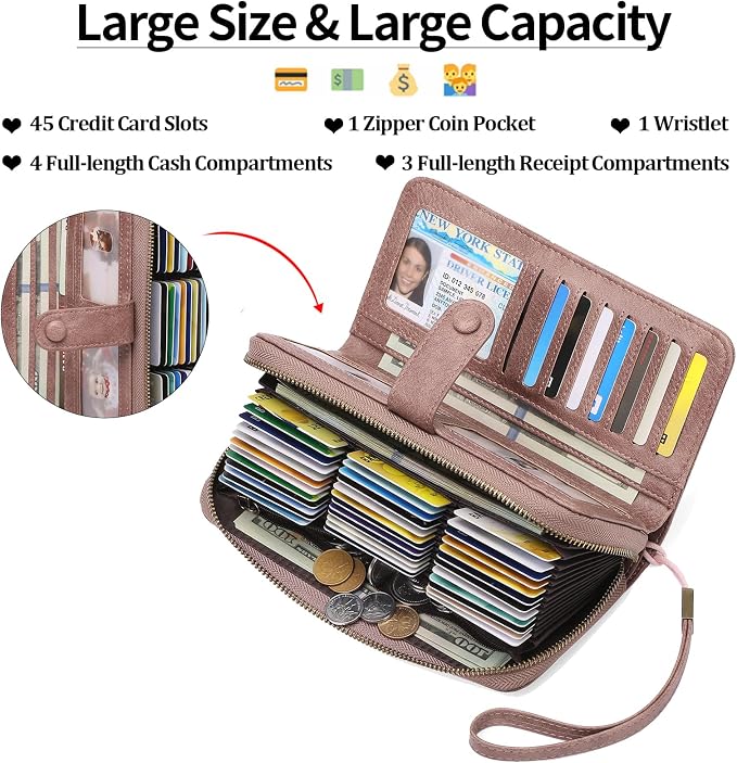 GAEKEAO Leather Credit Card Holder Wallet for Women RFID Blocking Large Capacity Bifold Zipper Card Case Organizer with Wristlet 45 Slots
