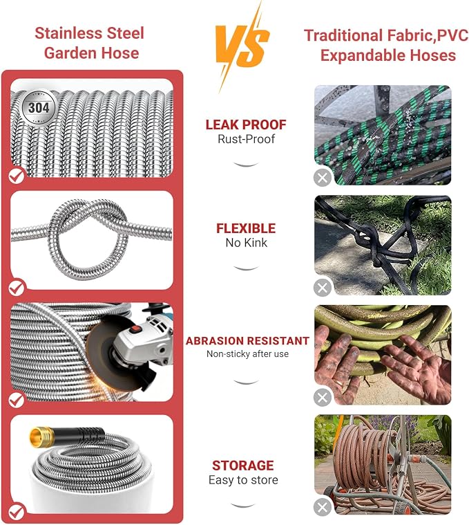 Lefree 125ft Stainless Steel Garden Hose - Metal Water Hose | No Kink Leak Proof Dog Chew Proof with Upgraded Rubber Sleeve & 10 Function Spray Nozzle for Large Yard Gardening RV Pet Bath