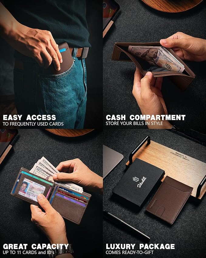 RUNBOX Wallet for Men, Slim Leather Bifold, RFID Blocking Card Holder | Minimalist Front Pocket Design, Credit Card Organizer, Holds 11 Cards, Large Capacity, Thin Profile, Birthday Gifts for Men