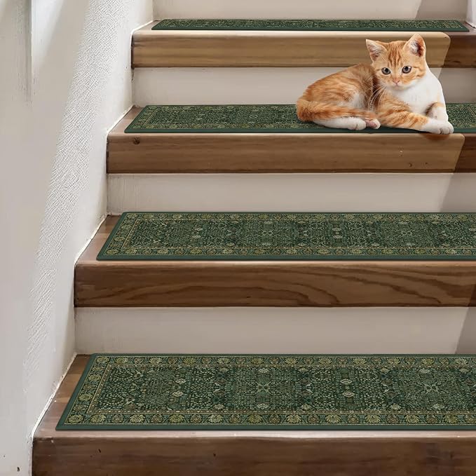 sarben 8"x30" Non Slip Stair Treads for Wooden Steps 15Pk, Dark Green Multi | Peel and Stick Carpet Stair Runner with TPE Adhesive Backing, Carpet for Added Safety, Pet and Senior Friendly
