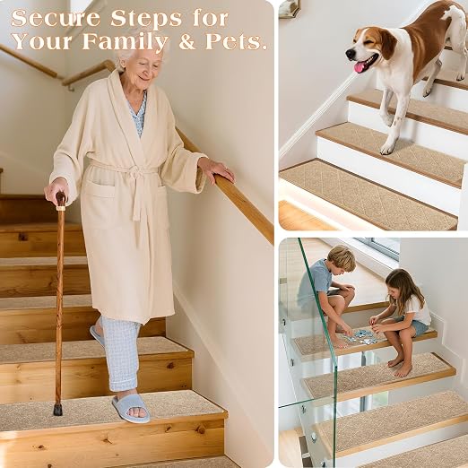 Stair Treads for Wooden Steps 10 PCS Non Slip Stair Rugs Khaki | 8x30in Self-adhesive Stair Runner Strips, Machine Washable, Indoor Carpet for Stairs, Stair Protection for Kids Pets Elderly