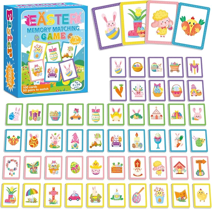 gisgfim 100 PCS Memory Matching Game Easter Concentration Memory Games Card Learning Educational A Fun & Fast Easter Egg Bunny Religious Cross Matching Games